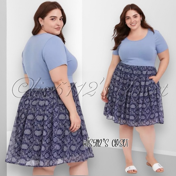 Torrid x Disney Bambi Blue Floral Knit to Woven Babydoll Skater Dress 4X 26 - Picture 2 of 15